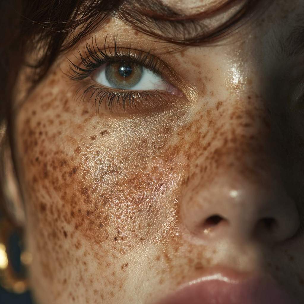 Extreme close-up of a woman's face highlighting severe hyperpigmentation, sun spots, and freckles, treatable with IPL Photofacial for clear skin.