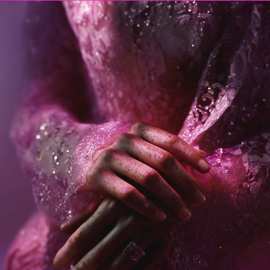 Hands wrapped in pink lace under soft magenta light, showing natural tonal variation and subtle discoloration as a symbolic portrait of skin renewal.