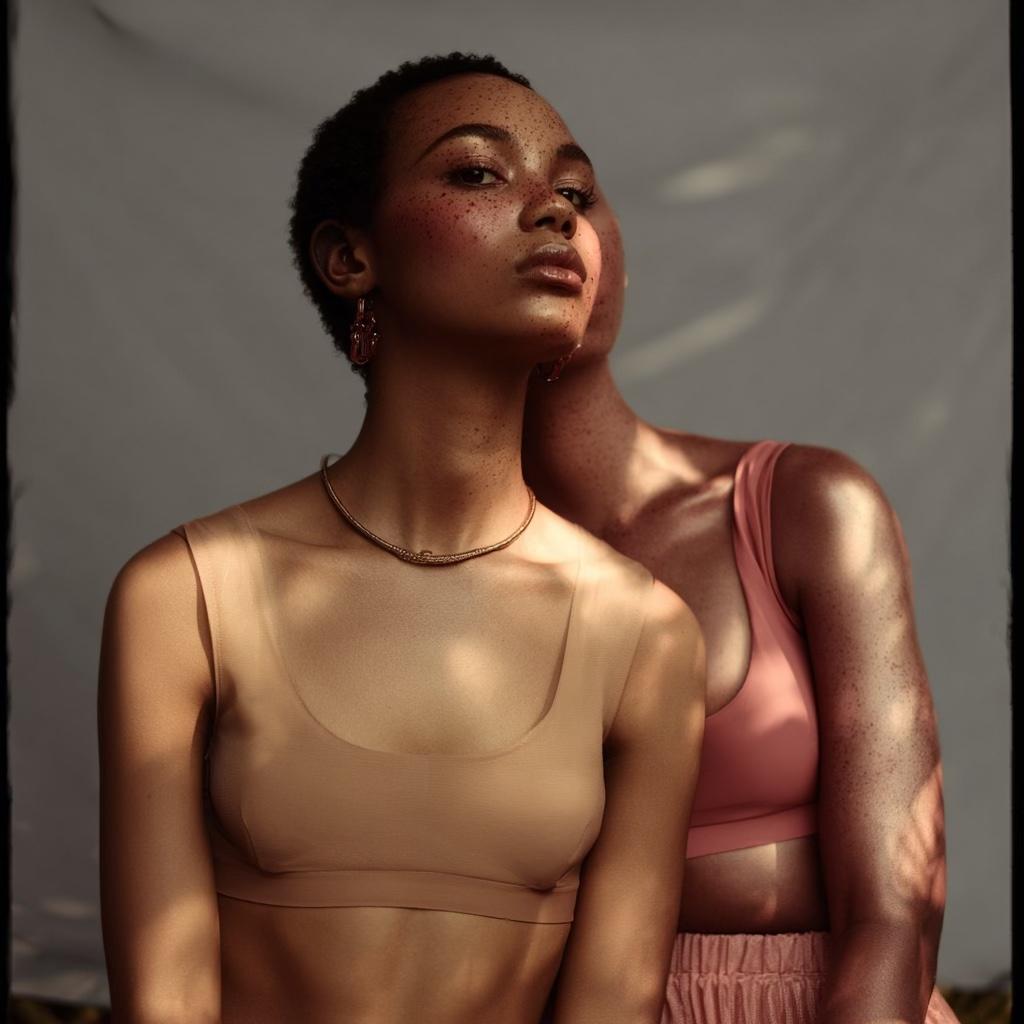 A dramatic portrait of two models with varying skin tones and distinct freckles, illustrating natural skin pigmentation.