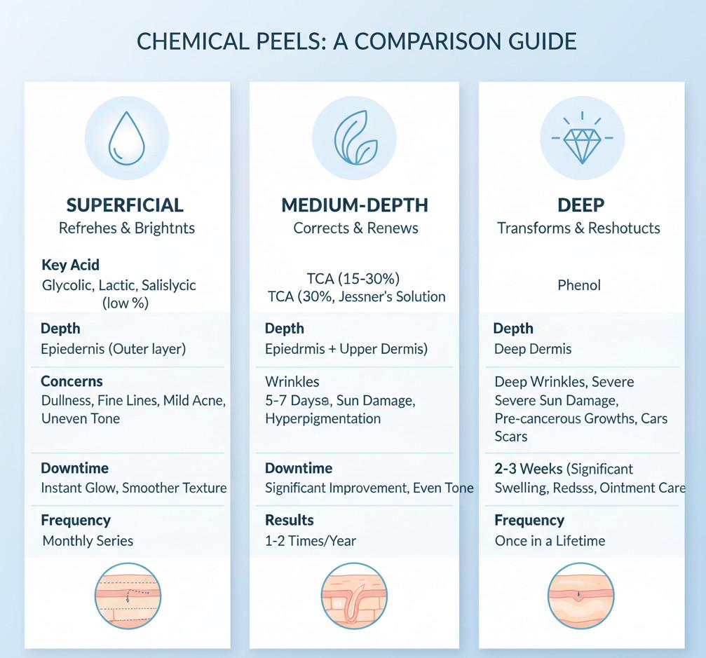 Infographic comparing different types of chemical peels in beverly hills including superficial, medium depth, and deep chemical.
