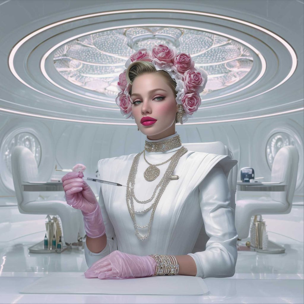 Editorial clinical portrait — ritualized lip augmentation in a couture setting.
