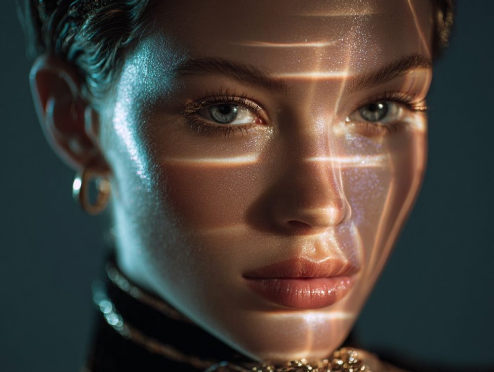 Close-up of woman's face with precision light beams, illustrating Lumecca IPL's selective targeting for skin rejuvenation.