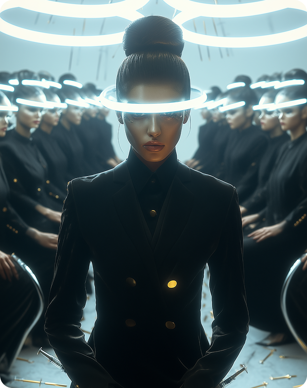 Expert medical aesthetic provider standing in a room of uniformed injectors, surrounded by neon rings and syringes, representing clinical precision in Botox and dermal filler treatments in Beverly Hills.