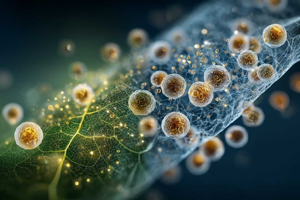 Scientific visualization of plant and human exosomes under microscope, illustrating cellular communication and regenerative difference highlighted in Beverly Wilshire Aesthetics’ Supreme Skin™ exosome therapy.