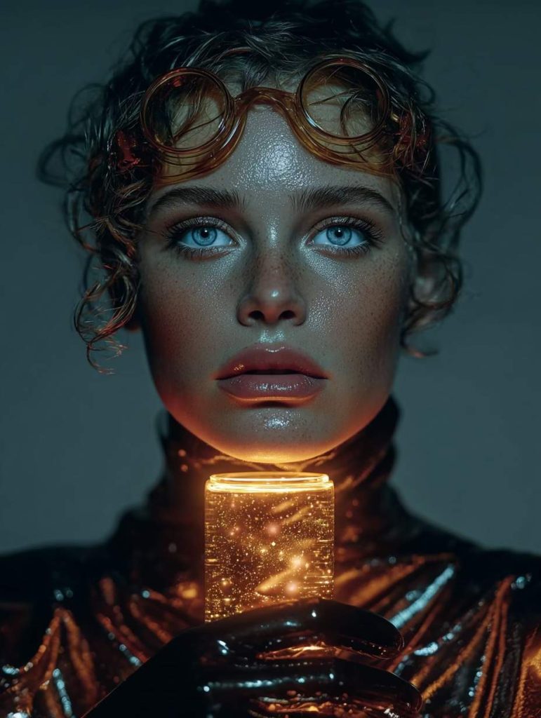 Editorial portrait symbolizing the Supreme Skin™ philosophy by Beverly Wilshire Aesthetics — futuristic woman illuminated by golden serum light, representing human exosome therapy and advanced regenerative aesthetics in Beverly Hills.