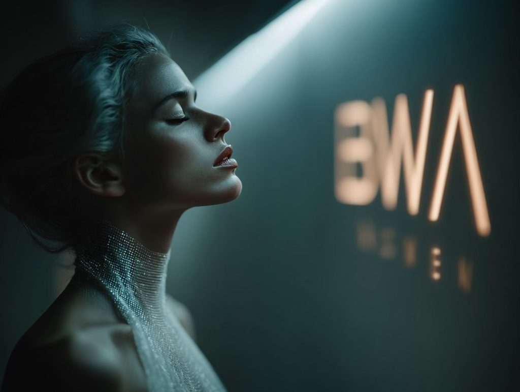 Close-up profile of a woman with her eyes closed and head tilted back, wearing a sparkling collar or neckpiece, with a glowing, blurred "BWA" logo visible in the background.