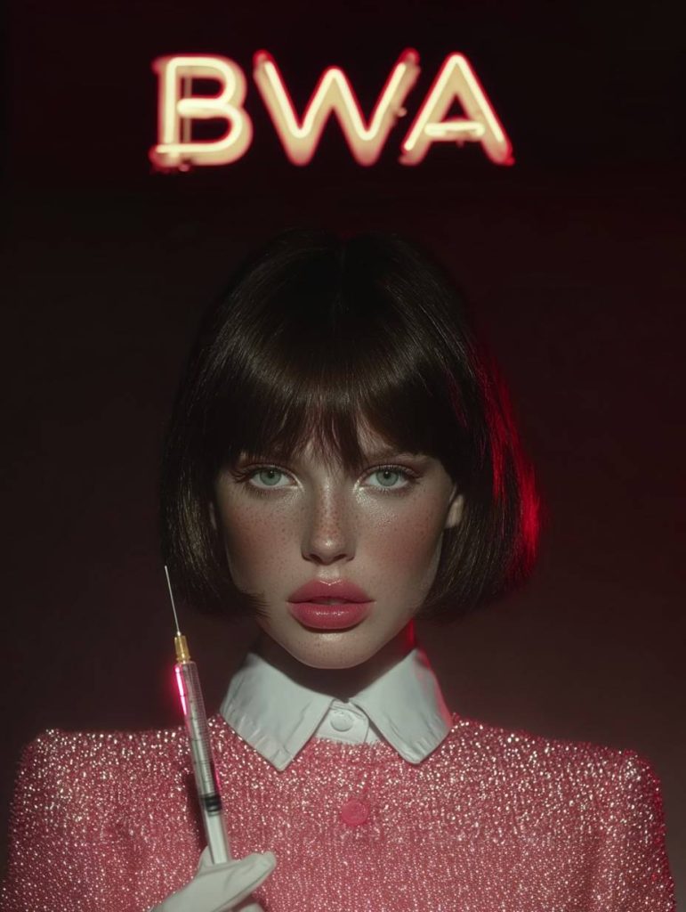 High-fashion portrait of a woman with enhanced, rosy lips and a short bob holding a syringe. The letters "BWA" glow in neon above her. Image is optimized for Lip Filler Injections in Beverly Hills and Beverly Wilshire Aesthetics.