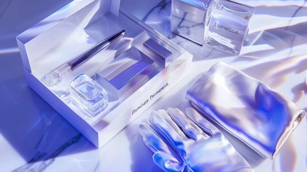 High-angle shot of a luxury skincare or post-treatment kit, featuring a white box with clear acrylic and metallic items, including a bottle labeled "Lumecca," a satin glove, and a silk pouch, set on a marble surface under blue and white light.