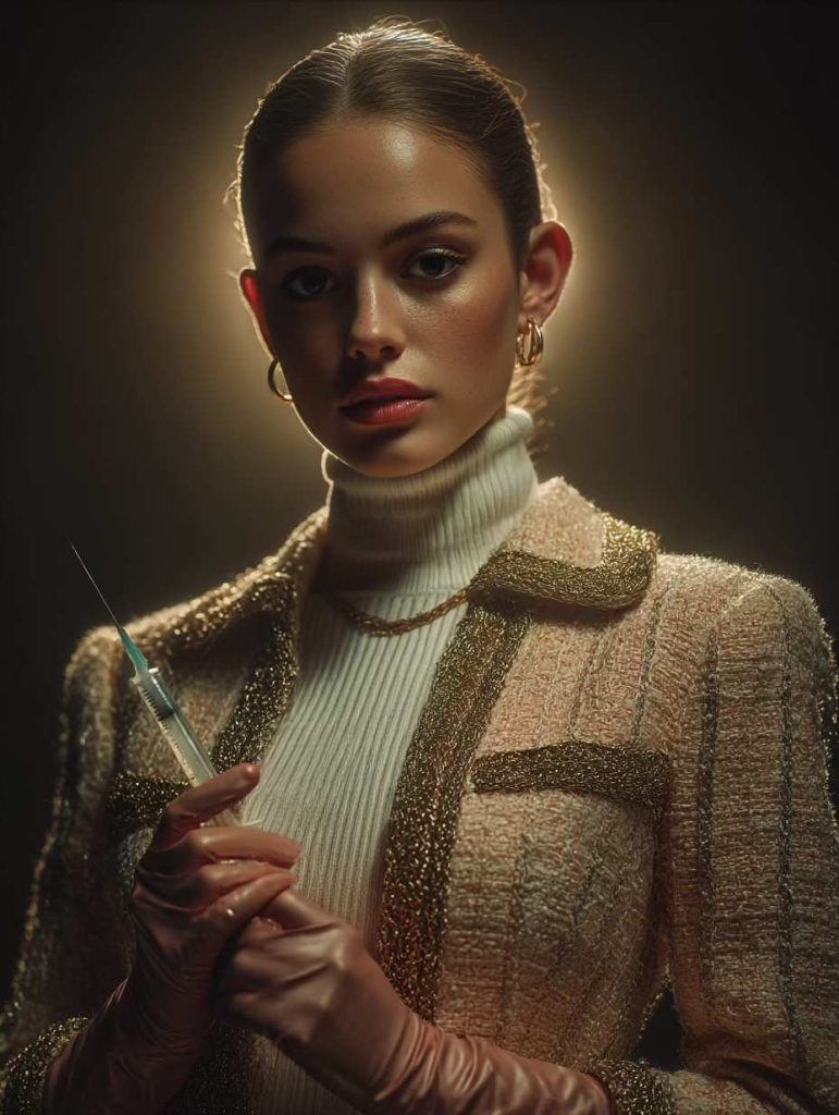 Close-up, cinematic portrait of a professional-looking woman wearing a high-fashion tweed jacket and turtleneck, holding a syringe while wearing sleek medical gloves. A dramatic golden light halos her head, symbolizing expertise and clinical authority in injectables.