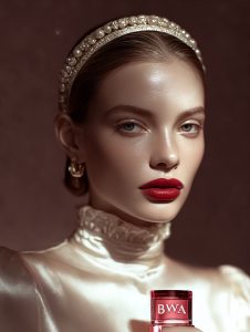 Luxury editorial-style close-up of a woman holding a BWA recovery product, her skin luminous and flawless, styled in a pearl headband and satin high-neck top, evoking post-treatment radiance and refinement.