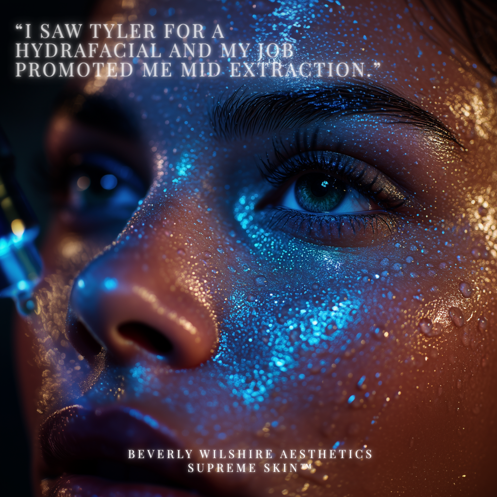Close-up of a hydrated, glowing face during a HydraFacial treatment at a Beverly Hills medical spa, showcasing dewy skin texture and high-contrast blue clinical lighting.
