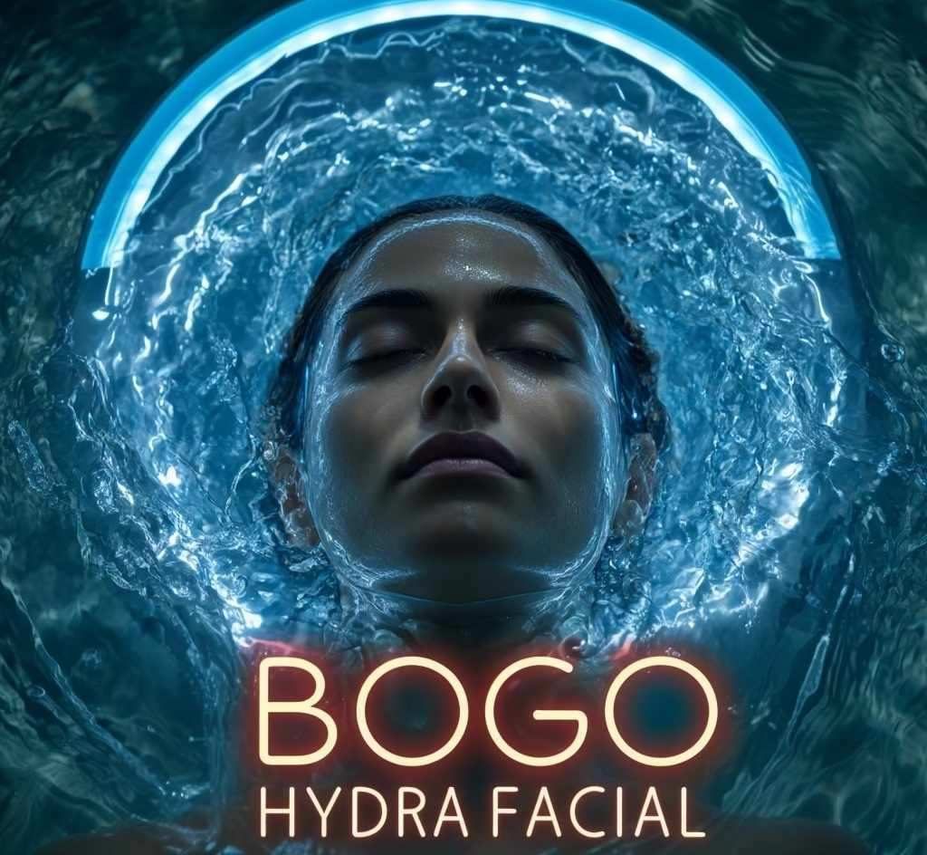Close-up of a serene woman's face surrounded by intensely blue, bubbling water and a glowing neon blue arch, visually representing deep hydration. The text "BOGO HYDRA FACIAL" is superimposed in glowing red and white font to advertise a Buy One Get One offer at Beverly Wilshire Aesthetics.