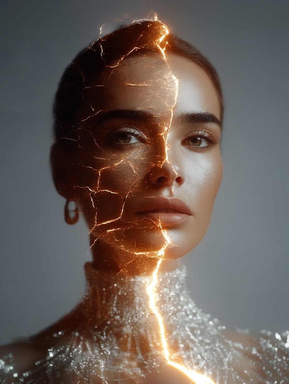 Digital art representing the deep skin regeneration achieved by a Chemical Peel. One side of the woman's face is cracked and dry, while the other side is flawless and rejuvenated, split by an illuminating, golden light of transformation.