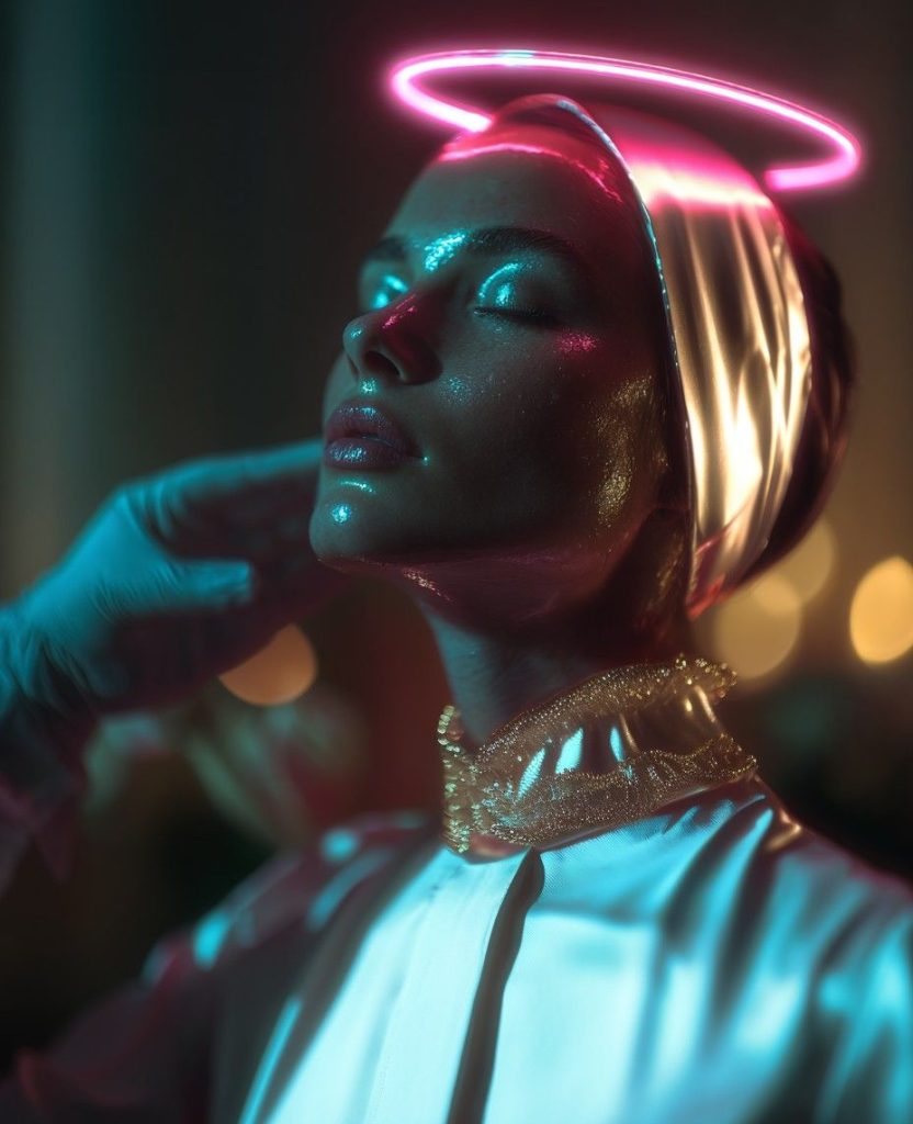 Female model with head tilted upward and eyes closed, highlighting her renewed, luminous skin and a medical glove, referencing a chemical peel application.