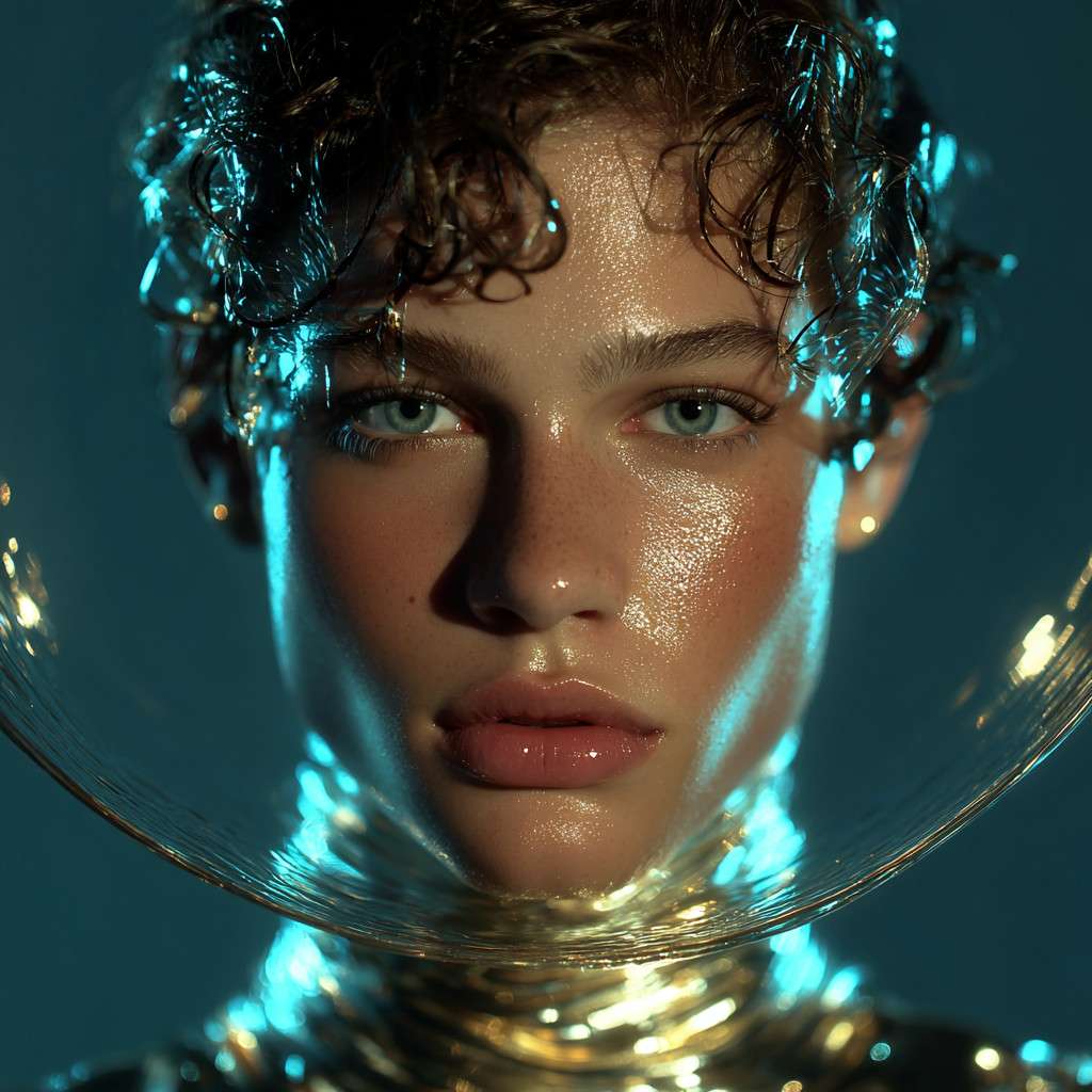 HydraFacial editorial portrait of model with glass-skin glow, hydrated complexion, and luminous skin texture under sculptural lighting