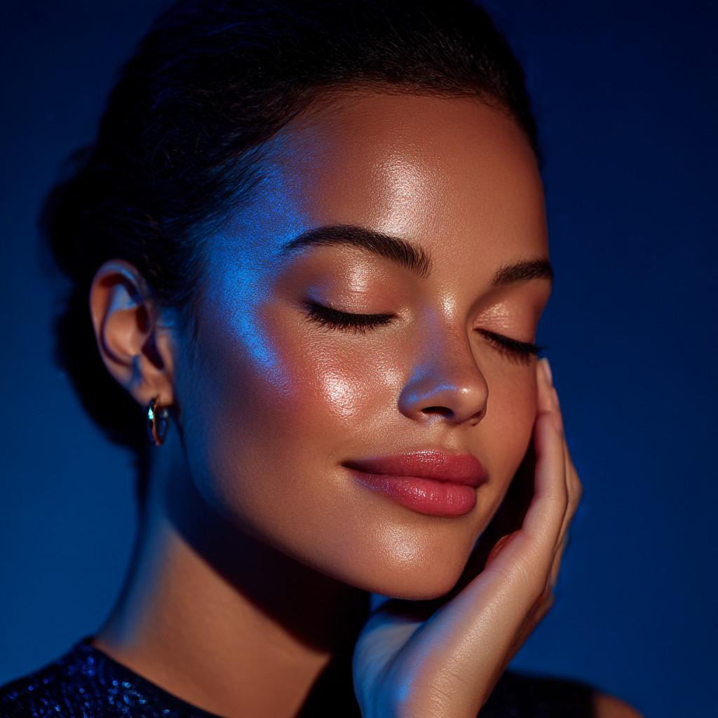 HydraFacial editorial portrait of model with luminous hydrated skin, glass-skin glow, and refined complexion under soft blue lighting