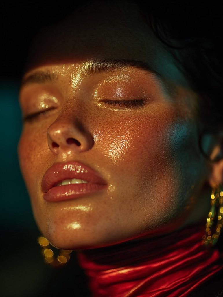 Macro shot of a woman's radiant, dewy skin with shimmering highlights, suggesting a successful chemical peel result.