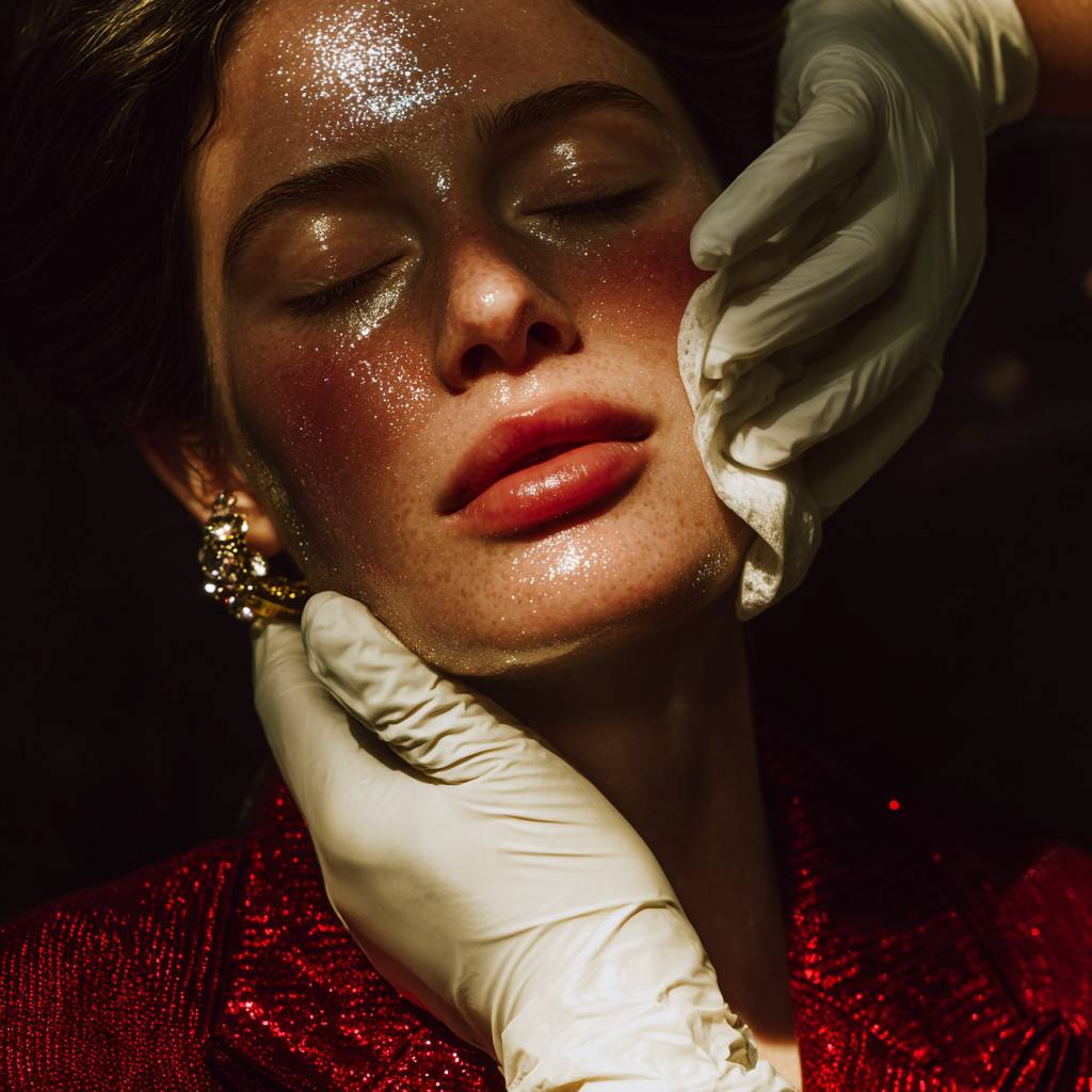Close-up of a woman with shimmering, glowing skin receiving a facial treatment from a practitioner wearing white gloves.