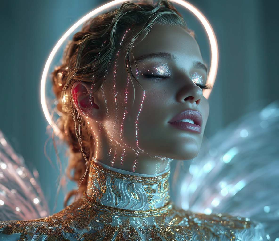 Editorial portrait of a woman with radiant skin and a glowing amber halo light, representing the Supreme Skin methodology at Beverly Wilshire Aesthetics.