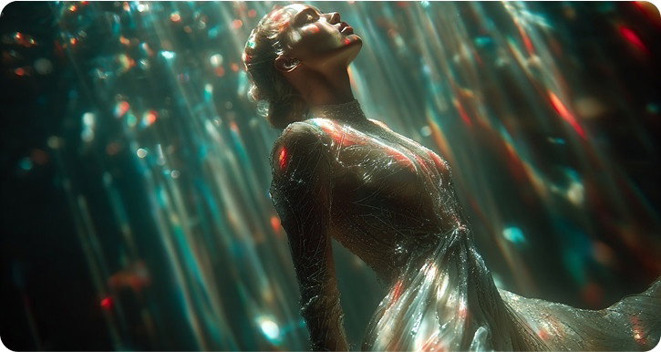 Woman illuminated by refracted light, symbolizing skin clarity and luxury after Lumecca IPL Photofacial.
