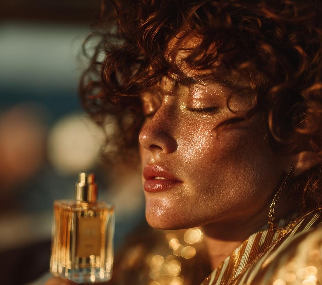 A close-up of a woman with curly auburn hair and freckles, her skin glowing with a shimmering, dewy finish under golden hour sunlight. She is holding a small, elegant glass bottle of skincare oil.