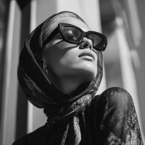 A high-fashion black and white close-up of a woman wearing dark sunglasses and a protective silk headscarf, symbolizing elite sun protection.
