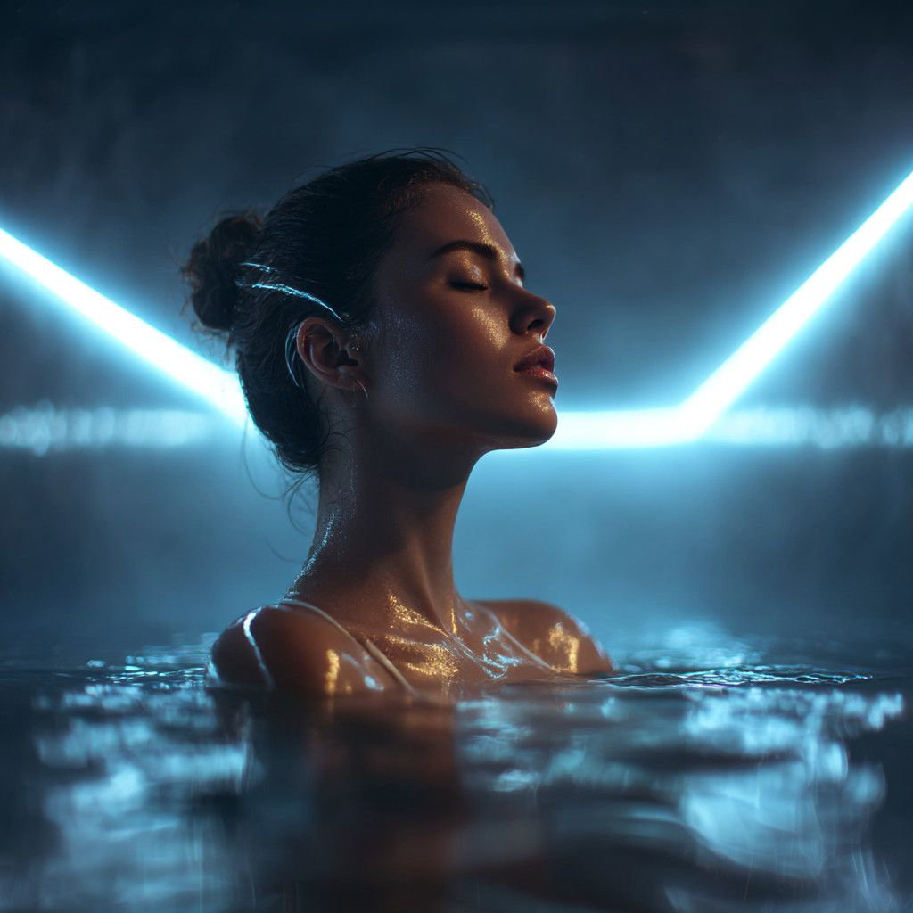 A woman with her eyes closed submerged in water up to her shoulders, illuminated by glowing blue neon geometric lights in a dark, misty environment.