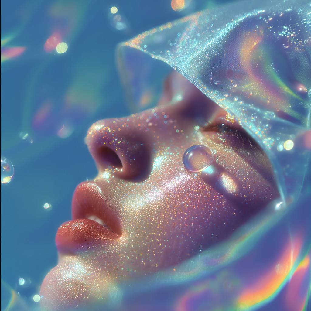 Extreme close-up of a woman's face covered in shimmering, glittery moisture droplets and a translucent, iridescent fabric hood.