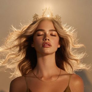 Model with glowing skin and golden crown representing the Lumecca IPL treatment results at Beverly Wilshire Aesthetics BWA in Beverly Hills.