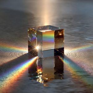 A conceptual 3D glass hexagonal prism on water representing a bespoke medical-grade chemical peel, refracting light into a spectrum to illustrate total skin rejuvenation for sun damage, fine lines, and acne scarring in a professional Beverly Hills medical spa setting.