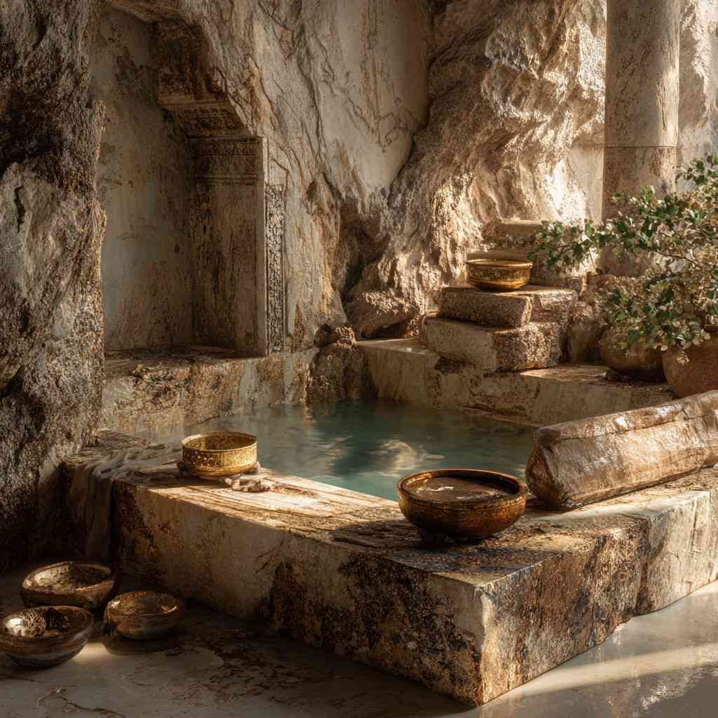 Luxury ancient-inspired facial treatment sanctuary featuring a limestone grotto bath and golden vessels, representing the evolution of anti-aging facial peels and deep dermis rejuvenation for fine lines and sun damage in a sterile physician-led clinic environment.