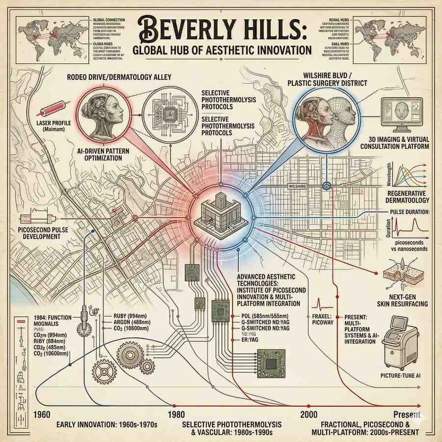 2D topographic map of Beverly Hills styled as a vintage technical blueprint. It features anatomical wireframe profiles, a 1960–Present laser evolution timeline, and highlighted hubs like "Rodeo Drive / Dermatology Alley" and "Wilshire Blvd / Plastic Surgery District" to illustrate the area's history in aesthetic innovation.