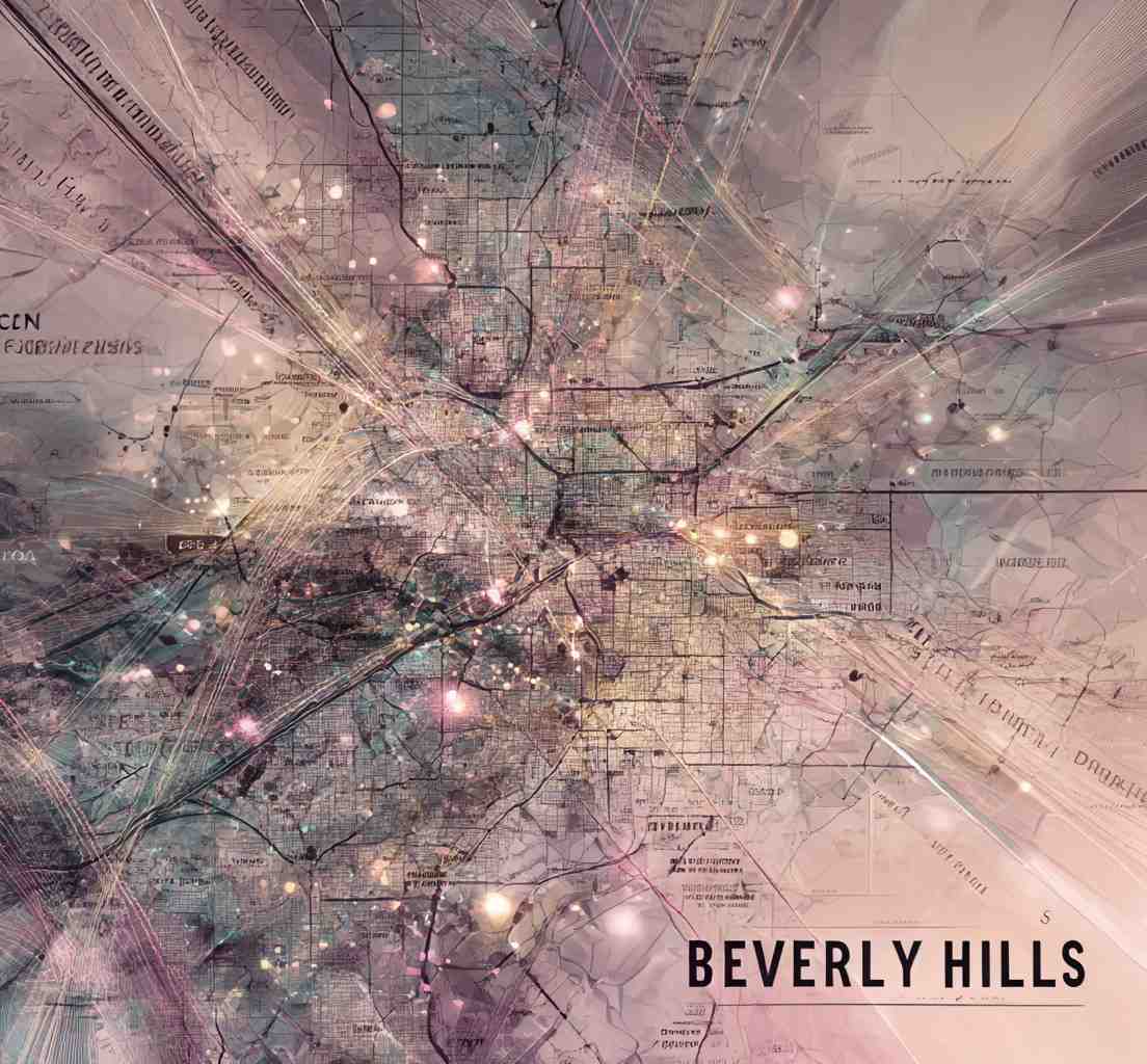 Abstract artistic map of Beverly Hills featuring glowing light trails and urban transit routes.