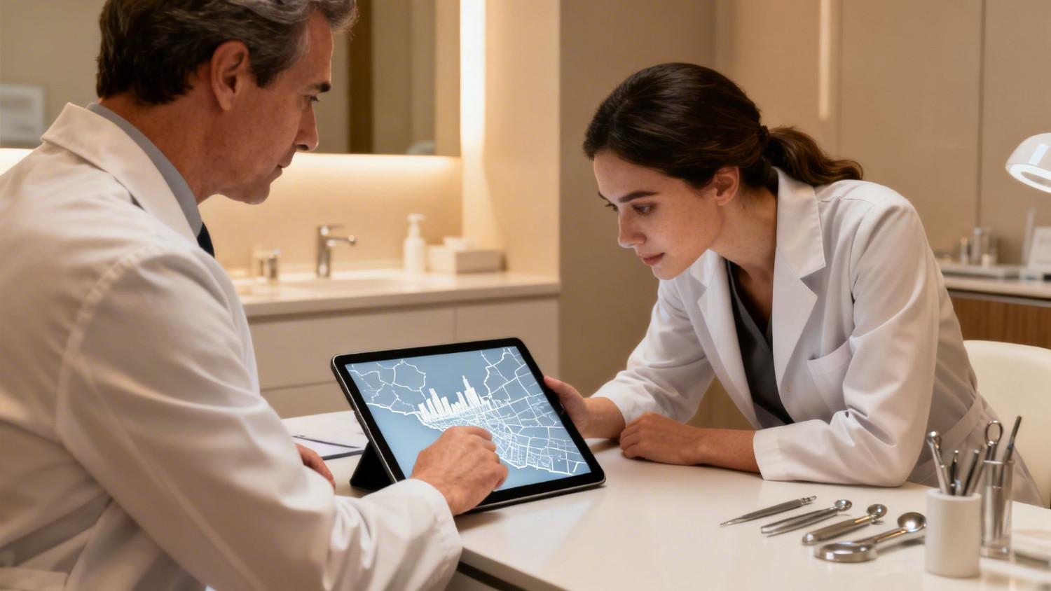 Beverly Hills board certified physician and medical professional reviewing a digital map of Los Angeles landmarks on a tablet during a consultation.