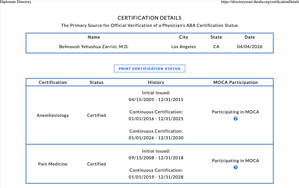 Official ABA Board Certification for Dr. Behnoush Zarrini in Anesthesiology (Current to 2030) and Pain Medicine (Current to 2028).