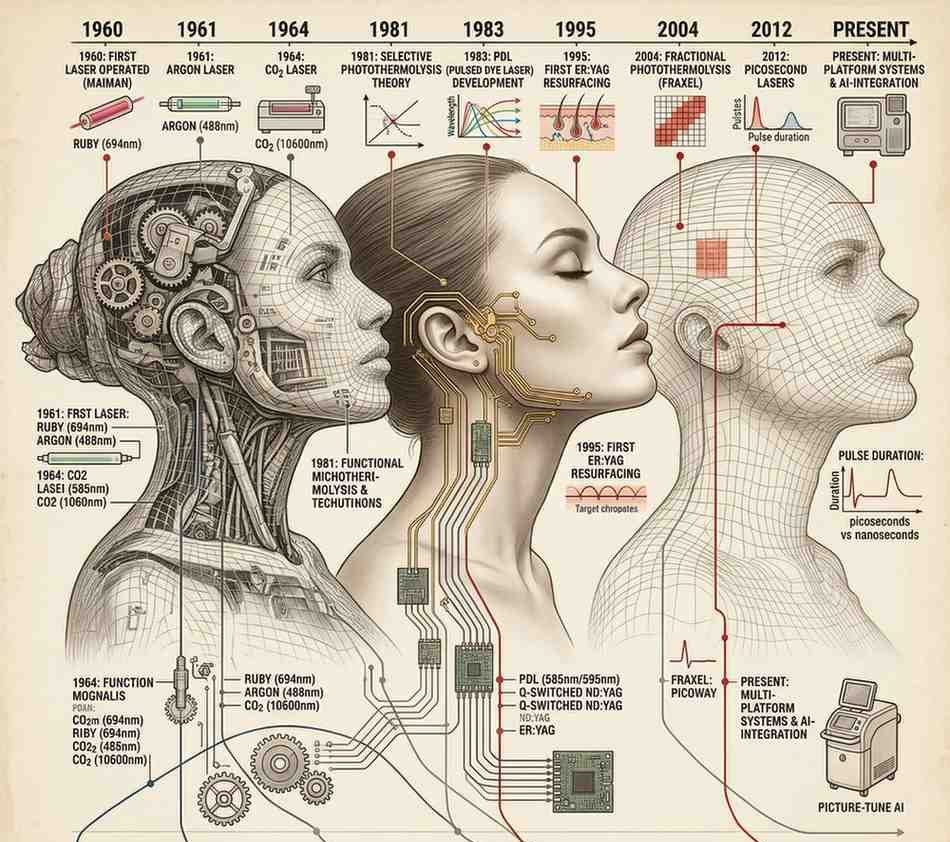 A comprehensive, highly detailed technical and historical infographic charting the evolution of laser technology. The central visual shows a chronological timeline from 1960 to Present, spanning three human profile models that represent different technological eras. The background has an aged schematic feel, featuring complex diagrams, technical specifications, and historical text, all factually accurate and highly legible.