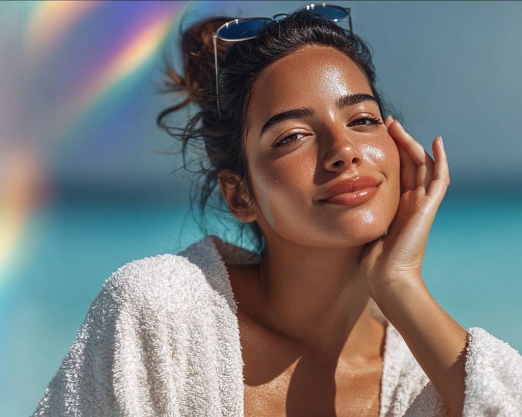 A woman with glowing, sun-kissed skin wearing a white robe and sunglasses on her head, showcasing the results of successful post-treatment aftercare and laser skin therapy against a bright beach background.