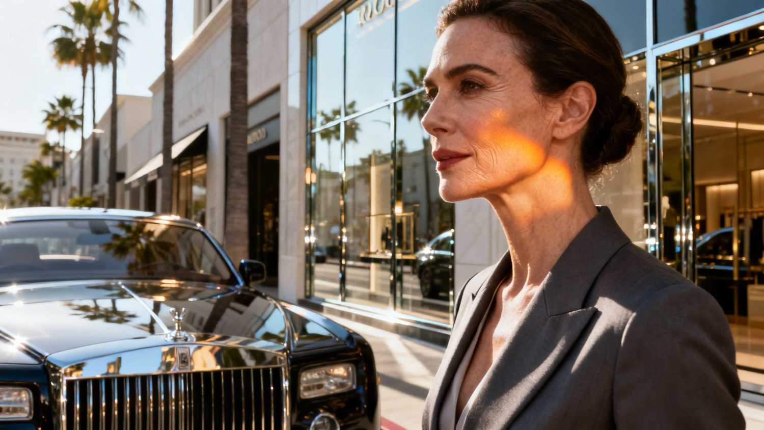 Sophisticated woman walking past a Rolls Royce on Rodeo Drive in Beverly Hills, California, highlighting luxury lifestyle and aesthetic treatments.
