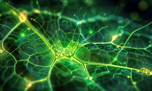 Microscopic artistic rendering of plant exosomes within a green cellular network, symbolizing botanical exosome structure and surface-level rejuvenation effects compared to human exosomes at Beverly Wilshire Aesthetics in Beverly Hills.